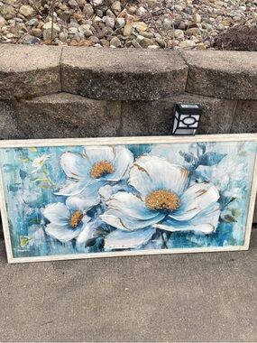 Floral Canvas Wall Art - White and Blue Flower Painting